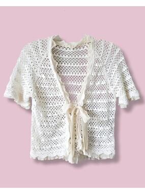 Women Cream Crochet Mesh Crop Cardigan S Cottage Coquette Boho Chic Twee Coastal